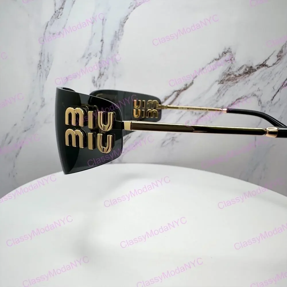 New MIU MIU Sunglasses Gold Dark Gray Lens Runway Wrap Rimless Authentic Miu Miu